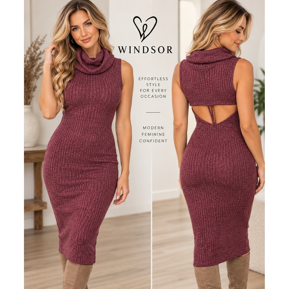 Windsor Burgundy Ribbed Cowl Neck Open Back Sleeveless Midi Bodycon Dress Medium